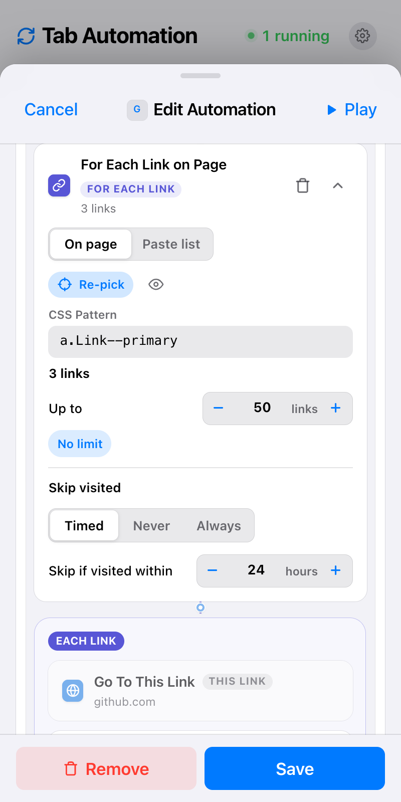 Edit Automation for GitHub pull requests: For Each Link on Page with click, wait, and type steps.