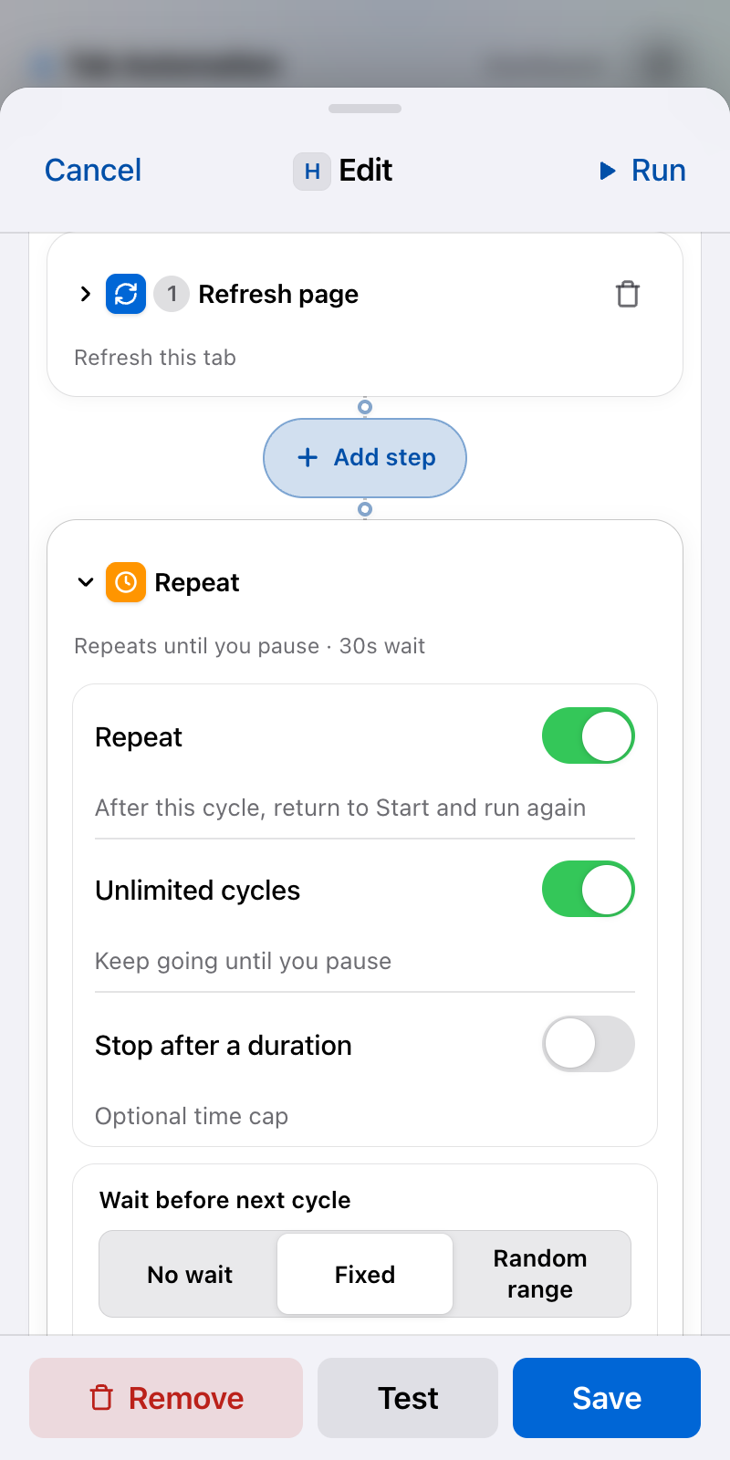 Editor showing Refresh Page followed by expanded Repeat settings, unlimited cycles, duration cap and wait mode.